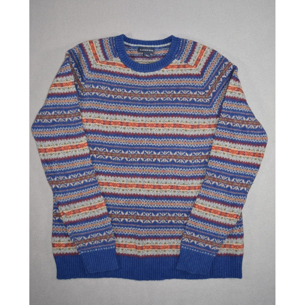 Lands End Sweater Mens XL Merino Wool Blend Fair Isle Striped Crewneck Pullover